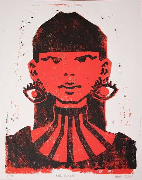 Red Black Illustration, Linocut Prints 2 Color, Cool Linocut Prints, Reduction Lino Printing, Reduction Printmaking Ideas, Linocut Prints Portraits, Reduction Lino Print Ideas, Screen Print Stencil, Color Reduction Printmaking