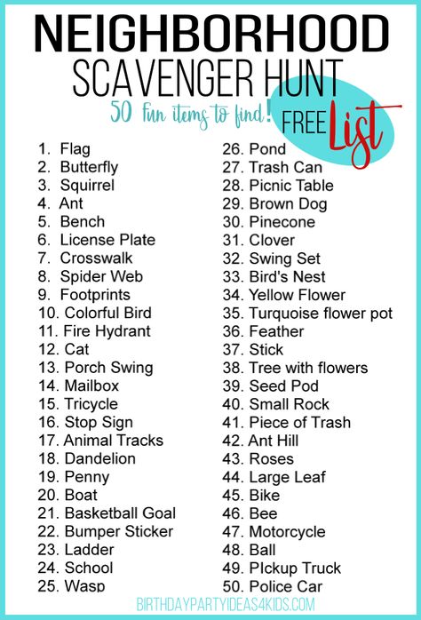 Fun walking Neighborhood Scavenger Hunt list with 50 fun everyday items to find! Fun for kids of all ages! https://birthdaypartyideas4kids.com/scavenger-hunt-walking.html #scavengerhunt #neighborhood #kids #moms #activity Walking Scavenger Hunt, Scavenger Hunt Ideas Outdoor, Outside Scavenger Hunt For Kids, Scavenger Hunt Ideas For Kids Outdoor, Kids Scavenger Hunt Outdoor, Outside Scavenger Hunt, Neighborhood Scavenger Hunt For Kids, Outdoor Scavenger Hunt Ideas, Walk Scavenger Hunt