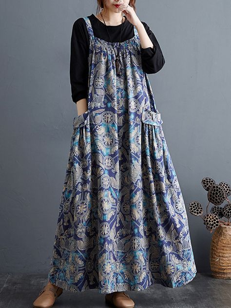 Cotton Long Dresses, Cotton Long Dress, Estilo Hippie, Floral Sleeve, Tank Top Dress, Mode Hijab, Loose Dress, Strap Dress, Fashion Mode