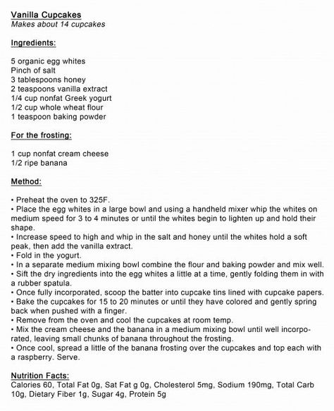 Curtis Stone's '100' Calorie Cupcakes Low Calorie Cupcakes, Biggest Loser Recipes, Banana Frosting, Healthy Cupcakes, Low Fat Desserts, Curtis Stone, Vanilla Cupcake Recipe, 100 Calorie, Low Calorie Dessert