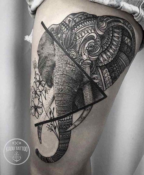 Elephant Tattoo by Kadu Tattoo Geometric Elephant Tattoo, Elephant Thigh Tattoo, Elephant Tattoo Design, Tattoo Zeichnungen, Geniale Tattoos, Elephant Tattoo, Elephant Tattoos, An Elephant, Trendy Tattoos