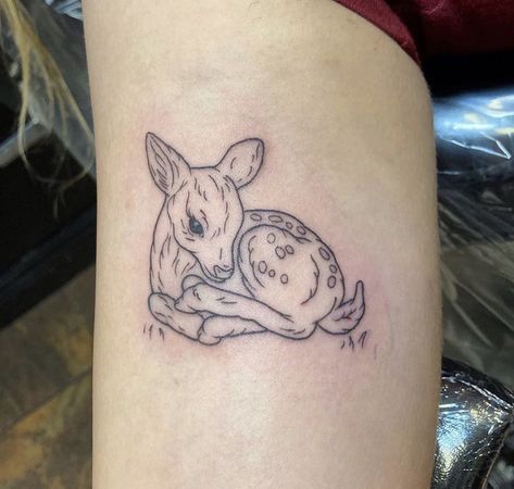 deer tattoo Deer Fawn Tattoo, Fawn Tattoos For Women, Fawn Tattoo Design, Deer Small Tattoo, Sleeping Deer Tattoo, Bear Tattoos Cute, Sleeping Fawn Tattoo, Dainty Deer Tattoo, Doe And Fawn Tattoo