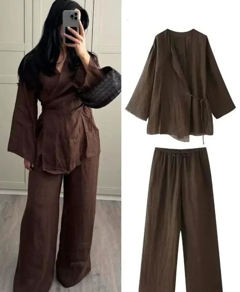 🔥SHOP ➡️ @MORRCHIC 🌹Affordable Stylish Outfits With 30% Discount SHOP 👉 🔗 MORRCHIC. COM Prices from 🏷 39 USD ✅ Sizes XS-XXL Free shipping worldwide & All taxes included🛍️ 👉SHOP @morrchic Summer Fashion Linen, Cardigan Kimono, Laced Up Shirt, Belted Cardigan, Brown Suits, Pant Length, Solid Color Shirt, Color Shirt, Pleated Pants