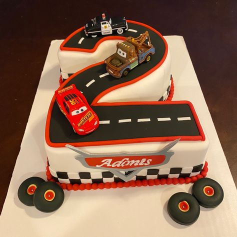 Cars Cake 2nd Birthday, Number 2 Cars Theme Cake, Car 2nd Birthday Party Cake, Cars 3 Cake Ideas, Lightning Mcqueen And Mater Cake, Cars Second Birthday Cake, Disney Cars 2nd Birthday Cake, Disney Cars Birthday Cake Buttercream, Cars 2nd Birthday Party Cake