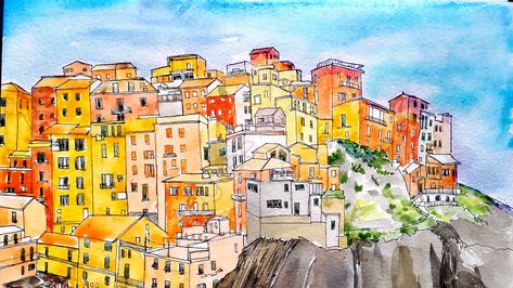 Small Island Sunlight Sea Fresh illustration image Cinque Terre Italy Painting, Italy Paintings, Italy Houses, City Sketches, Cinque Terra, Marker Painting, Italy Art Print, City Sketch, Italy Poster