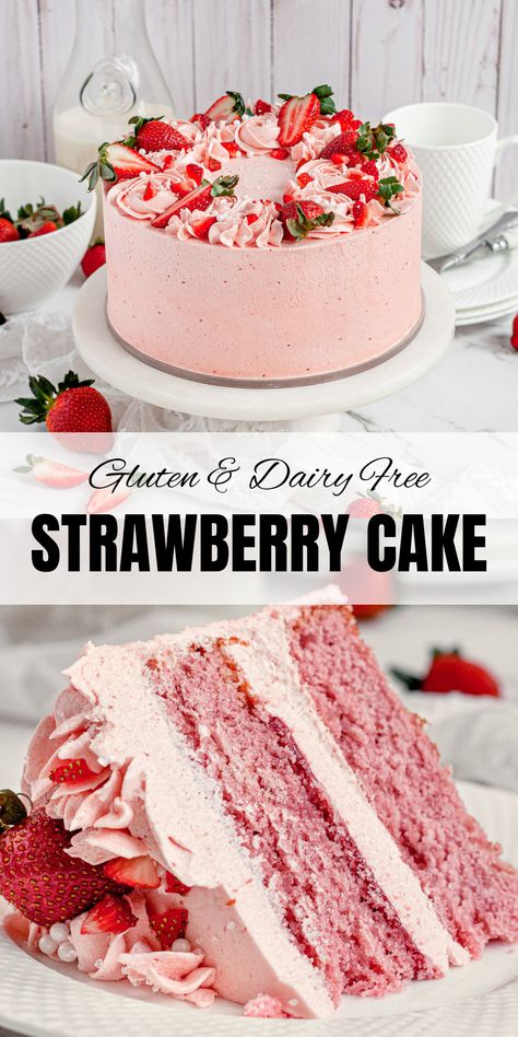 Fluffy gluten-free layers of real strawberry cake made with an easy strawberry reduction and covered in whipped strawberry frosting. This cake is pure strawberry delight. Gluten Free Strawberries And Cream Cake, Dairy Free Strawberry Frosting, Gluten Free Victoria Sponge Cake, Gf Strawberry Shortcake, Dairy Free Cake Filling, Dye Free Strawberry Cake, Strawberry Cake Gluten Free, Vegan Gluten Free Cake Recipes, Gluten Free Poke Cake