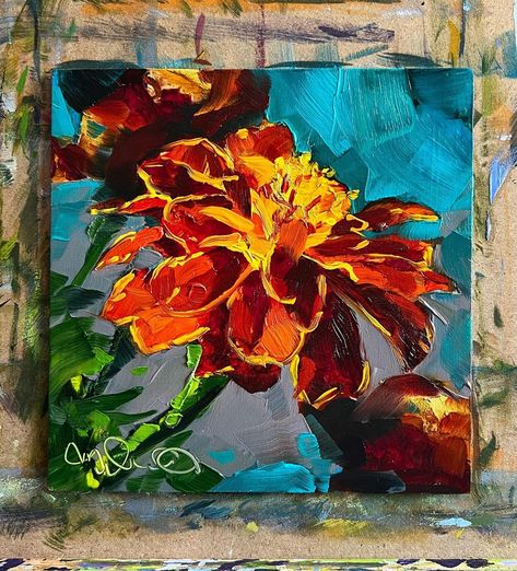 Marigold Oil Painting, Marigold Flower Painting, Marigold Painting, Canvas Painting Flowers, Small Flower Painting, Ukrainian Painting, Marigold Art, Loose Watercolor Paintings, Art Challenges