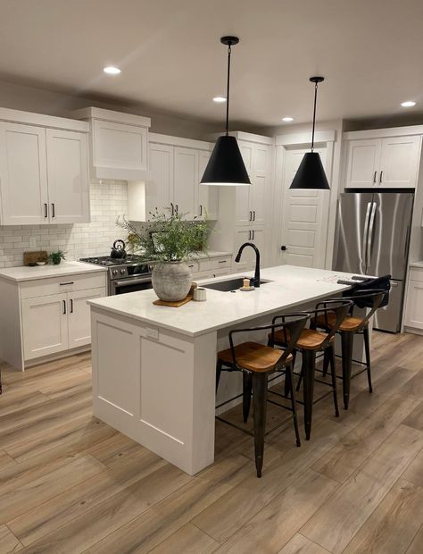 Dream Kitchen With Island, Island Kitchen Living Room, Kitchen Condo Ideas Small Spaces, Kitchen Island Modern Farmhouse Lights, Kitchen Island With Seating For 6 Farmhouse, Full White Kitchen, Kitchen Remodel Modern Farmhouse, Kitchen Island With Seating For 4 Farmhouse, Kitchen Cabinets With Vaulted Ceiling