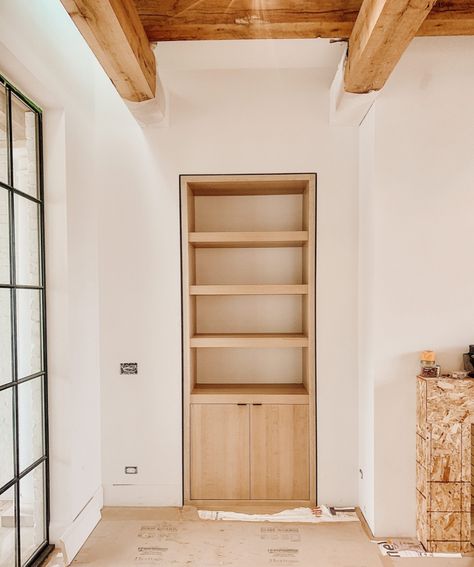 Built In Shelving, Shelves Cabinet, Oak Bookshelves, Billy Ikea, Bookcase Ideas, Recessed Shelves, Recessed Cabinet, Living Room Built Ins, Addition Ideas