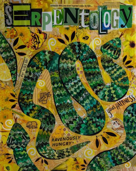 Serpentology- a branch of zoology that studies snakes Gift this Serpentology collage to a nature or animal lover for a bright pop of color in any living space! Also great for a classroom or learning space... My paper paintings are created with hundreds of tiny pieces of paper. Every paper fragment is carefully selected for its texture and hue- torn from book pages, magazines, sheet music, ads, and various other paper materials. Music Ads, Snake Gift, Paper Paintings, Art Quilling, Snake Art, Vintage Poster Design, Magazine Collage, Fairytale Illustration, Grunge Art