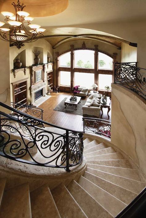 Spiral stairs into the living area. Mediterranean  House Plan # 221155. Tuscan Home Plans, Tuscan Style Homes, Mediterranean House Plan, Stair Case, Tuscan House, Casas Coloniales, Spiral Stairs, Curved Staircase, Inspire Me Home Decor