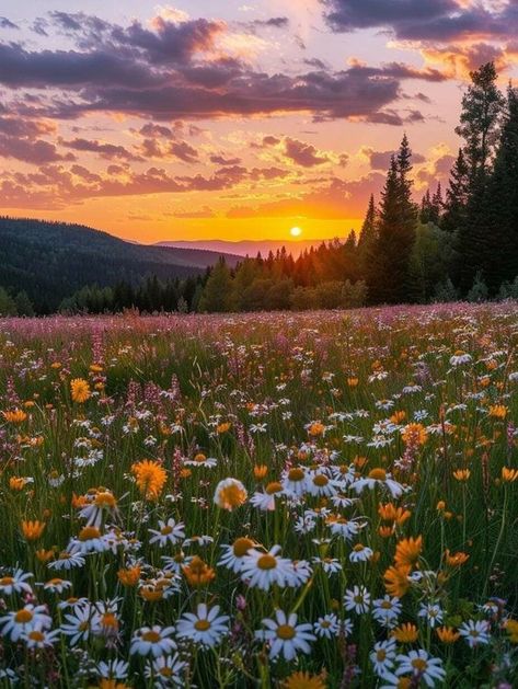 Spring Aesthetic Sunset, Flowers And Sunset Aesthetic, Mountain Flower Field, Wild Flower Landscape, Flower Field Mountains, Sunset Aesthetic Field, Aesthetic Flower Fields, Field Background Nature, Field Of Wildflowers Aesthetic