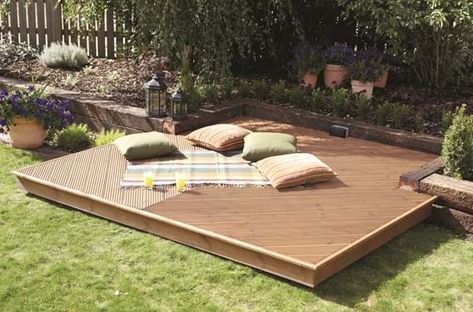 How To Lay Decking On Soil Or Grass | Ronseal Backyard Grass Seating Area, Outdoor Grass Seating Area, Lawn Seating, Backyard Deck Ideas On A Budget, Deck Ideas On A Budget, Backyard Corner, Backyard Deck Ideas, Grass Backyard, Ideas For Small Yards