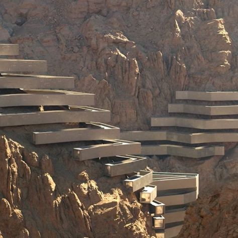 Neom's latest region Leyja will house a mirrored hotel by Shaun Killa, a rock-like hotel by Mario Cucinella and a cliffside hotel by Chris van Duijn. Cliffside Architecture, Sky Pool, Eco City, Wellness Hotel, Architecture Design Drawing, Hotel Architecture, Zaha Hadid Architects, Modern Hotel, Future City