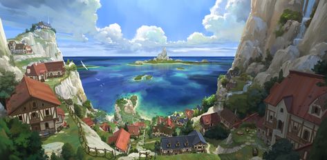 ArtStation - beach village, Sin jong hun Fantasy Village, Beach Village, Location Inspiration, Fantasy City, Fantasy Places, Fantasy Art Landscapes, Fantasy Concept Art, 판타지 아트, Environment Concept Art