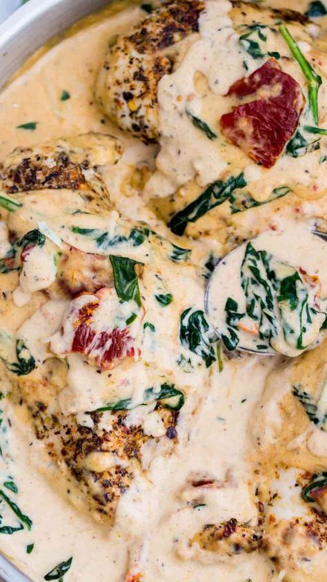 Creamy Tuscan Chicken is made in one pan in just 30 minutes. Made with flavorful dried herbs, rich cream, tangy sun dried tomatoes and fresh spinach. #centslessmeals #chicken #tuscanchicken #creamychicken #easyrecipe #creamyrecipe #withspinach #sundriedtomatoes #freshrecipe Dinner Recipes For Date Night, Chicken In Dutch Oven, Recipes For Date Night, Tuscan Chicken Recipe, Dinner Date Recipes, Creamy Tuscan Chicken, Creamy Tuscan Garlic Chicken, Night Dinner Recipes, Tuscan Chicken Pasta