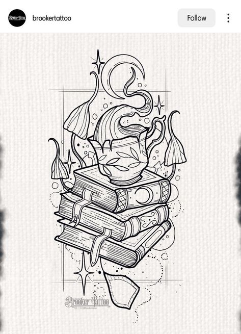 Stack Of Books Tattoo Design, Spooky Book Tattoo, Spell Book Drawing, Bookish Drawings, Book Themed Tattoos, Small Bff Tattoos, Small Feather Tattoo, Witch Tattoo, Bff Tattoos