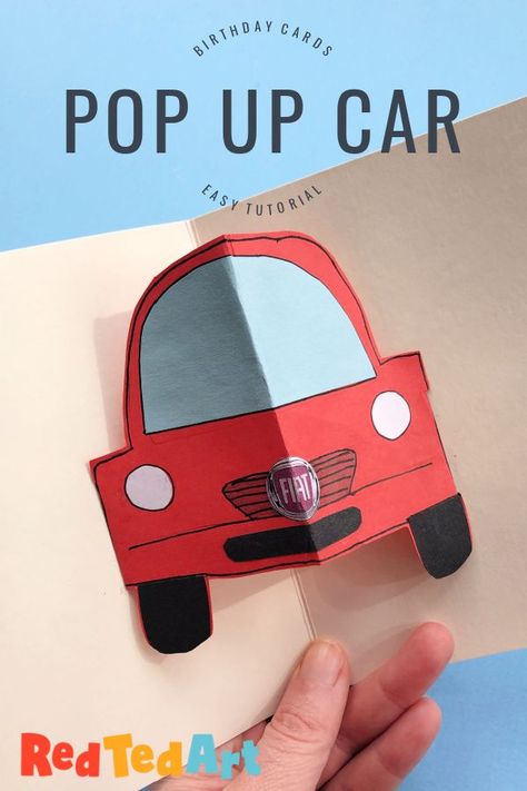 How to make a pop up car card for kids! And easy step by step tutorial that kids can make on their own! Easy Birthday Pop Up Card! Car Pop Up Card, Car Cards Handmade, Car Birthday Card, Car Cards, Red Ted Art, Construction Paper Crafts, 3d Mask, Car Card, Car Birthday Theme