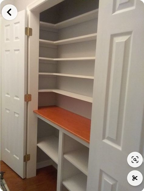 Long Narrow Pantry Closet, Small Hallway Pantry Ideas, Hallway Closet Pantry Ideas, Wallpaper Small Pantry, Pantry Conversion Ideas, Double Door Pantry Shelving Ideas, Trash Can In Pantry Closet, Reach In Pantry With Countertop, Closet Pantry Remodel