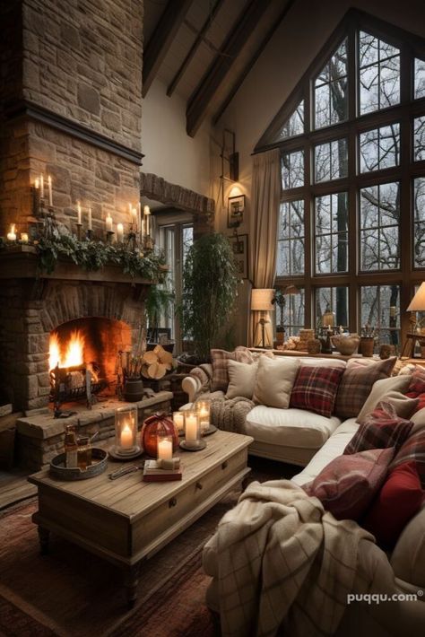 winter-decorating-ideas- Cozy Fireplace Aesthetic, Bold Living Room Colors, Fireplace Aesthetic, Winter Decorating Ideas, Bold Living Room, Vibrant Living Room, Winter Decorating, Traditional Fireplace, Living Room Loft