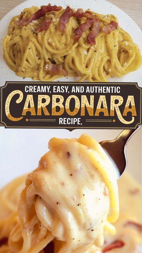 This image showcases a creamy and authentic carbonara pasta, served with crispy bacon and a rich sauce, with a close-up of a forkful of pasta below. The text highlights it as a "Creamy, Easy, and Authentic Carbonara Recipe," appealing to those who want a traditional yet simple homemade carbonara. Perfect for a comforting and indulgent pasta experience. Easy Carbonara Sauce, Carbonara Pasta Recipes, Creamy Carbonara Pasta, Carbonara Sauce Recipe, Carbonara Recipe Authentic, Healthy Carbonara, Authentic Carbonara, Carbonara Pasta Creamy, Carbonara Recipe Creamy