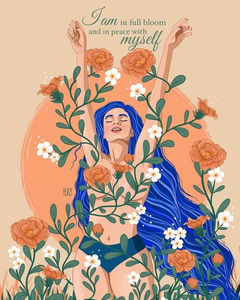 Vicky | Empowering Art & Illustration on Instagram: "To truly heal, is to be in peace with who you are, trying to be the best version of yourself, for yourself. I don’t know if I can post one illustration as entry for two challenges 🙈 so if I’m being wrong or rude please let me know 😅 but this prompt fits so perfectly for both #bloomandgrow2023 and #dearbodyweek I can’t help it. And I think I am slowly getting there with myself. To be truly in peace with who I am and how I am. Recently I read Healing With Love, Empower Illustration, Love My Body Illustration, How To Be Myself, Who I Am, Affirmation Illustration, Empowering Illustration, Peace With Myself, I Am Healing