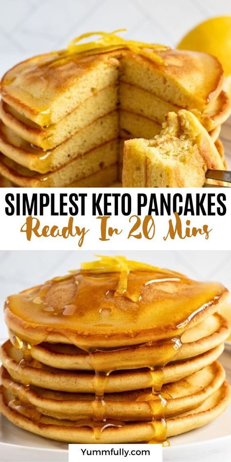 Save this recipe if you are on a low-carb diet because these thick and fluffy pancakes only have 4g of total carbs (zero added sugar). Made with almond flour and eggs, each pancake has 7g of protein, so you can eat them guilt-free. You can even add protein powder to the batter to increase the amount of protein! Best Keto Pancakes, Grain Free Pancakes, Almond Flour Pancakes, Flour Pancakes, Sugar Free Maple Syrup, Keto Pancakes, Low Carb Breakfast Recipes, Sugar Free Syrup, Fluffy Pancakes