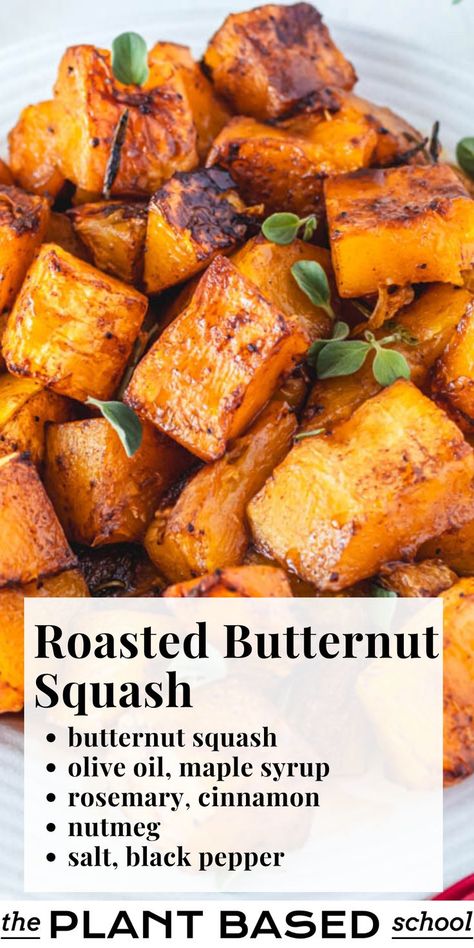 Diced butternut squash is seasoned with a cozy and mouthwatering mix of spices, herbs, and a hint of maple syrup to enhance its sweetness. Butternut Recipe, Butternut Squash Baked, Butternut Squash Vegan, Vegan Vegetable Recipes, Butternut Recipes, Lentil Vegetable Soup, Winter Squash Recipes, Plant Based School, Easy Vegan Lunch