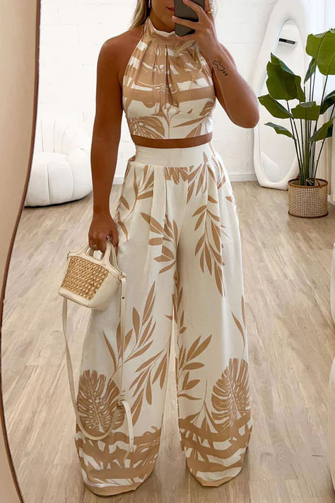 Casual Street Floral Print Lace Up Halter Sleeveless Two Pieces Fall Winter Dresses, Two Piece Pants Set, White Dress Party, Printed Long Dresses, Prom Outfits, Striped Crop Top, Boho Print, Boho Casual, Casual Sets