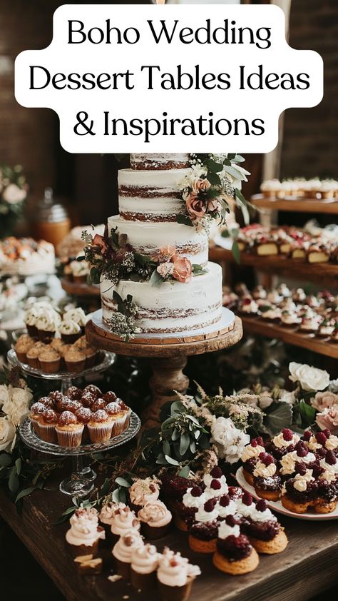 Boho wedding dessert table featuring a rustic cake display and an assortment of eclectic desserts with bohemian-inspired decorations. Boho Fall Wedding Dessert Table, Wedding Cake Dessert Ideas, Sweet Table Wedding Rustic, Cheesecake Bar At Wedding, Desserts Table Wedding, Dessert Table Ideas For Wedding, Dessert Table Wedding Simple, Wedding Mini Desserts Table, Fall Wedding Cupcakes Ideas Rustic