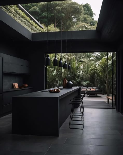 Can you see yourself embracing the green life in this luxurious retreat? Design: @black_design_journal & @bali_interior_ideas Creative: @naira_interior_official Follow @breckandfox for more! Black Modern House, Tropical Backdrop, Black Cabinetry, Window Photo, Berlin Apartment, Dark Modern, Black Interior Design, Minimalist Kitchen Design, Design Journal