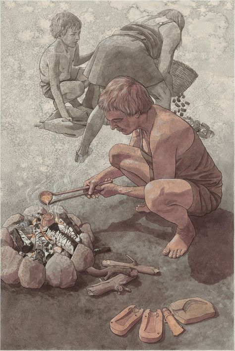 Historisk illustration Historische Illustration History illustration | bau.nu Human Evolution Tree, Paleolithic Period, Bronze Age Civilization, Paleolithic Era, History Illustration, Funny Art History, Bronze Casting, Illustration Human, Historical Illustration