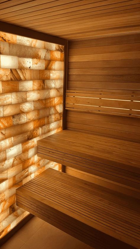 A salt wall inside a bespoke sauna designed and handmade by Heartwood Saunas. Salt Therapy Room, Sauna Lights, Home Spa Room, Salt Therapy, Sauna House, Spa Interior Design, Sauna Steam Room, Salt Room, Traditional Saunas