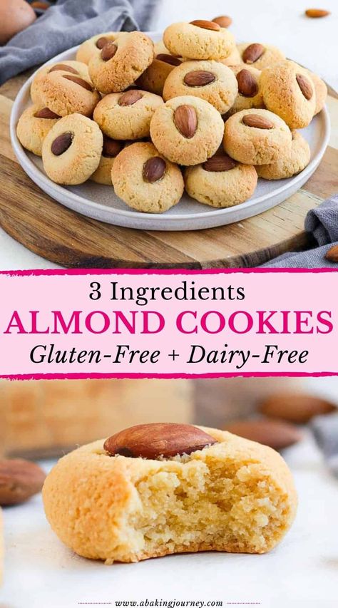 This Dairy-Free and Gluten-Free Almond Cookie Recipe is made with 3 Ingredients only. They are a great Passover Cookie Recipe to be enjoyed all year round, whether you love almonds or are just looking for a gluten free cookie recipe. Perfectly suited for people with food allergies, these dairy free cookies are a deliciously easy and quick sweet treat recipe that will be ready in 30 minutes and only require 3 ingredients! Gluten Free Cookie Recipes Almond Flour, Gf Dairy Free Cookies, Almond Treats Easy Recipes, Easy Almond Dessert Recipes, Dairy Free Almond Flour Cookies, Gluten Free Almond Cookies Recipe, Gluten Free Cookies Easy 3 Ingredients, Gluten And Dairy Free Baking Recipes, Flourless Almond Cookies