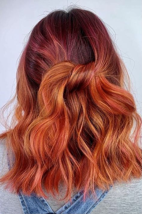 Orange Shoulder Length Hair, Rust Hair Color, Orange And Purple Hair, Purple And Orange Hair, Redhead Hair Color, Haircolor Ideas, Baylage Hair, Red Hair Color Ideas, Creative Hair Color