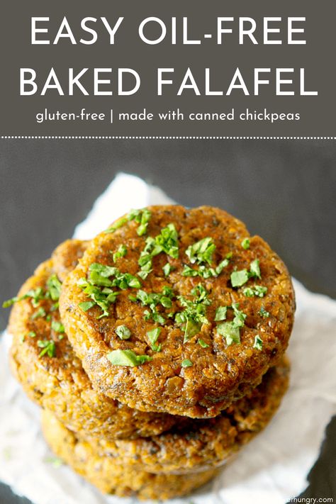 Easy oil-free baked falafel, made in a muffin tin for crispy edges! Made with canned chickpeas, it is also naturally vegan & gluten-free. #oilfreefalafel #bakedfalafel #oilfree #oilfreevegan #wfpb #wfpbrecipe #muffintinrecipe #muffintin #muffinpan #chickpeas #glutenfree Falafel With Canned Chickpeas, Gluten Free Falafel, Falafel Vegan, Vegan Chickpea Recipes, Vegan Pancake Recipes, Peasant Food, Baked Falafel, Falafel Recipe, Wfpb Recipes