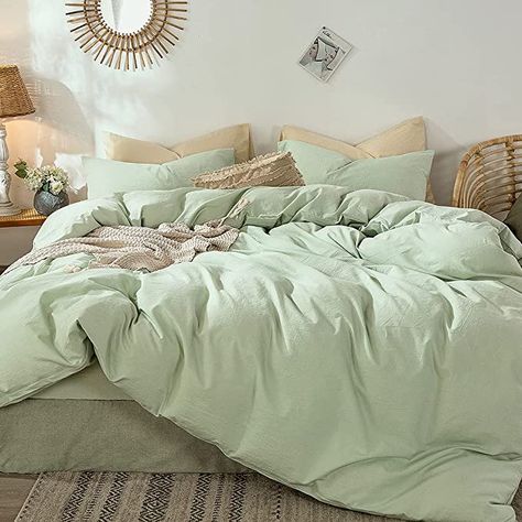 Amazon.com: MooMee Bedding Duvet Cover Set 100% Washed Cotton Linen Like Textured Breathable Durable Soft Comfy (Cornflower Blue, King) : Home & Kitchen Green Comforter, Green Duvet, Green Duvet Covers, Full Duvet Cover, Green Bedding, Bedding Duvet, Queen Comforter, Comforter Cover, Cotton Duvet Cover