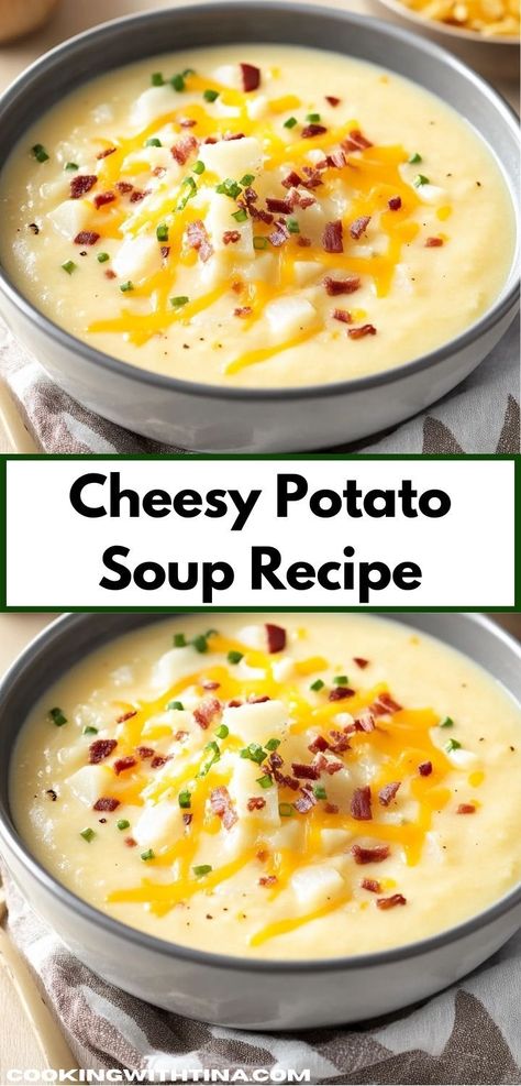 Craving a deliciously rich meal without the hassle? This Cheesy Potato Soup can be whipped up in no time, offering a delightful mix of cheesy and hearty flavors. An ideal choice for quick family dinners or weeknight meals. Cheesy Potato Soup Recipe, Cheesy Potato Soup Easy, Creamy Cheesy Potatoes, Cheesy Potato Soup, Potato Soup Easy, Potato Soup Crock Pot, Cheesy Potato, Baked Potato Soup, Comfort Soup