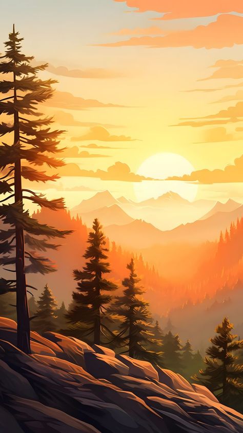 Discover the beauty of nature with this stunning wallpaper featuring Radiant Pines at Sunrise. The golden light gracefully illuminates the pine needles, creating a picturesque scene against the backdrop of towering mountains. Let this peaceful and awe-inspiring image bring a touch of tranquility to your space. #RadiantPines #Sunrise #GoldenLight #PineNeedles #MountainViews #NatureWallpaper Golden Sunrise, Winter Golden Hour, Golden Hour Landscape Photography, Golden Mountain Painting, Golden Sunrise Wallpaper, Sunrise Through Trees, Floral Wallpaper Phone, Art Gallery Wallpaper, Stunning Wallpapers