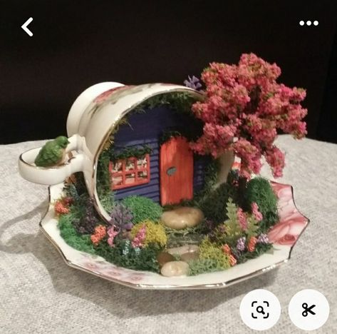 Tea Cup Miniature Garden, Diy Teacup Planter, Tea Cup Fairy House, Teacup Fairy Gardens, Teacup Fairy House, Tea Cup Crafts Diy, Teacup Miniatures, Old Tea Cups Ideas, Tea Cup Fairy Garden