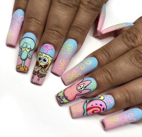 Spongebob Nails Designs, Nails Spongebob, Sponge Bob Nails, 90s Cartoon Nails, Summer Disney Nails, Disney Character Nails, Cartoon Character Nails, Cartoon Nails Acrylic, 90s Cartoon Nails Acrylic