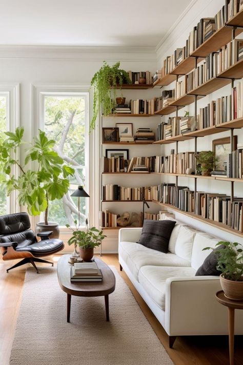 Lounge Wall Shelves, Living Room Bookcase Wall, Living Room With Library Wall, Shelves Wall Living Room, Desk Bookshelf Combo, Bookshelves Corner, Hallway Library, Bookcase Inspiration, Bookshelves In Living Room