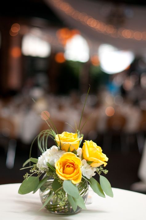 would be nice around the cake table, gift table and buffet Yellow And White Flower Arrangements, Yellow Flower Centerpieces, Yellow Rose Wedding, Yellow Flower Arrangements, Yellow Centerpieces, Flower Displays, Small Flower Arrangements, White Flower Arrangements, Rose Centerpieces