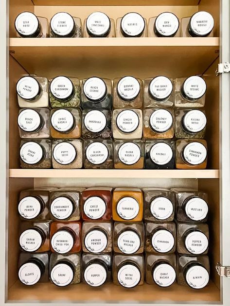 Organisation, Large Spice Jar Organization, Large Spice Organization, How To Store Spices In A Cabinet, How To Store Spices In Small Kitchen, Small Space Spice Storage, Spice Organization Small Space Cupboards, Spices To Have In Your Kitchen, Spice Cabinet Organization Ideas