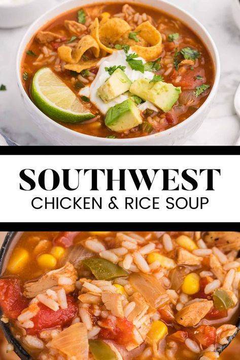 Slow Cooker Southwest Chicken & Rice Soup - Hearty and satisfying comfort food made with pantry staples in your Crockpot! It has big flavor and is loaded with tender chicken, rice, veggies and southwest spices. Southwest Chicken Rice, Chicken Rice Veggies, Southwest Chicken And Rice, Rice Soup Crockpot, Chicken And Rice Crockpot, Southwest Chicken Soup, Mexican Chicken And Rice, Rice Soup Recipes, Chicken Rice Soup