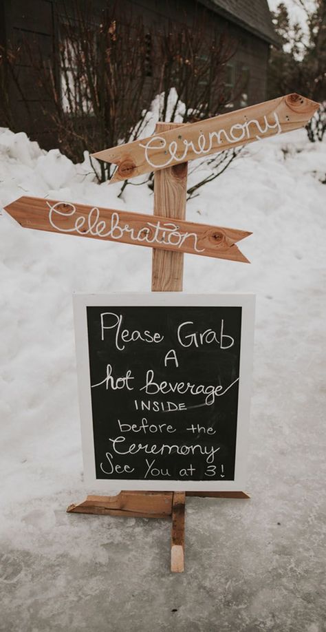 Guests were encouraged to bring a warm drink from inside to watch the exchanging of vows. With all the snow, a hot beverage was much appreciated by guests. | A Snowy Outdoor Winter Wedding | Kate Aspen | #wedding #winterwedding  Winter wedding styling ideas and inspiration wedding #trend #bride #groom #decor #styling #dress #bouquet #wedding #weddingideas #weddingcake #weddinginspiration #creativewedding Snowy Wedding Ceremony, Outdoor Wedding Ceremony Winter, Winter Outdoor Wedding Ceremony, Winter Wedding Venues Outdoor, Outdoor Winter Ceremony, Winter Wedding Outside Ceremony, Outdoor Winter Wedding Ideas, Winter Wedding Ceremony Ideas, Backyard Winter Wedding