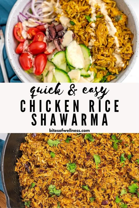 Chicken Shawarma with Rice is quick, easy and packed with flavor. Made with leftover chicken and rice, this healthy chicken shawarma can be served in bowls, over salad or in pita. Gluten free, dairy free and ready in just 10 minutes. Swarma Chicken Shawarma Sides, Halal Chicken Salad, Greek Bowl Chicken, Sharma Chicken Bowls, Chicken Shawarma Side Dishes, Chicken Shawarma Meal, Chicken Shawarma Meal Prep, Chicken Swarma Meal Prep, Shawarma Bowls Recipe