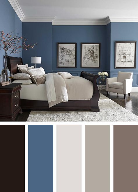 12 Best Bedroom Color Scheme Ideas and Designs for 2022 House Color Pallets Interiors, Navy Blue Accent Wall Bedroom Boho, Color Combinations Paint Bedroom, Bedroom Inspirations Navy Accent Wall, Bedroom Color Combination Accent Wall, Bedroom Paint Colors With Black Furniture, Blue Tan Bedroom Ideas, Furniture And Wall Color Combination, Bedroom Color Themes Master