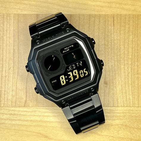 Casio AE1200 SKXMod black stainless steel replacement case, sterile black faceplate, negative LCD, hydromod Casio Ae1200, All Black Watches, Awesome Watches, Casio Digital, Casio Watches, Bike Cover, Affordable Watches, Retro Watches, Watches Unique