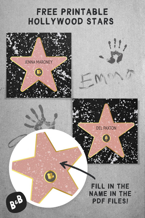 An example of our free printable Hollywood stars in use and a close-up showing how to fill in the Hollywood stars printable PDF Walk Of Fame Star Template, Diy Walk Of Fame Stars, Old Hollywood Homecoming Theme, Diy Hollywood Star, Diy Hollywood Stars Walk Of Fame, Movie Theme Bulletin Board Ideas, Hollywood Theme Float Ideas, Hall Of Fame Decorations, Hollywood Sorority Theme